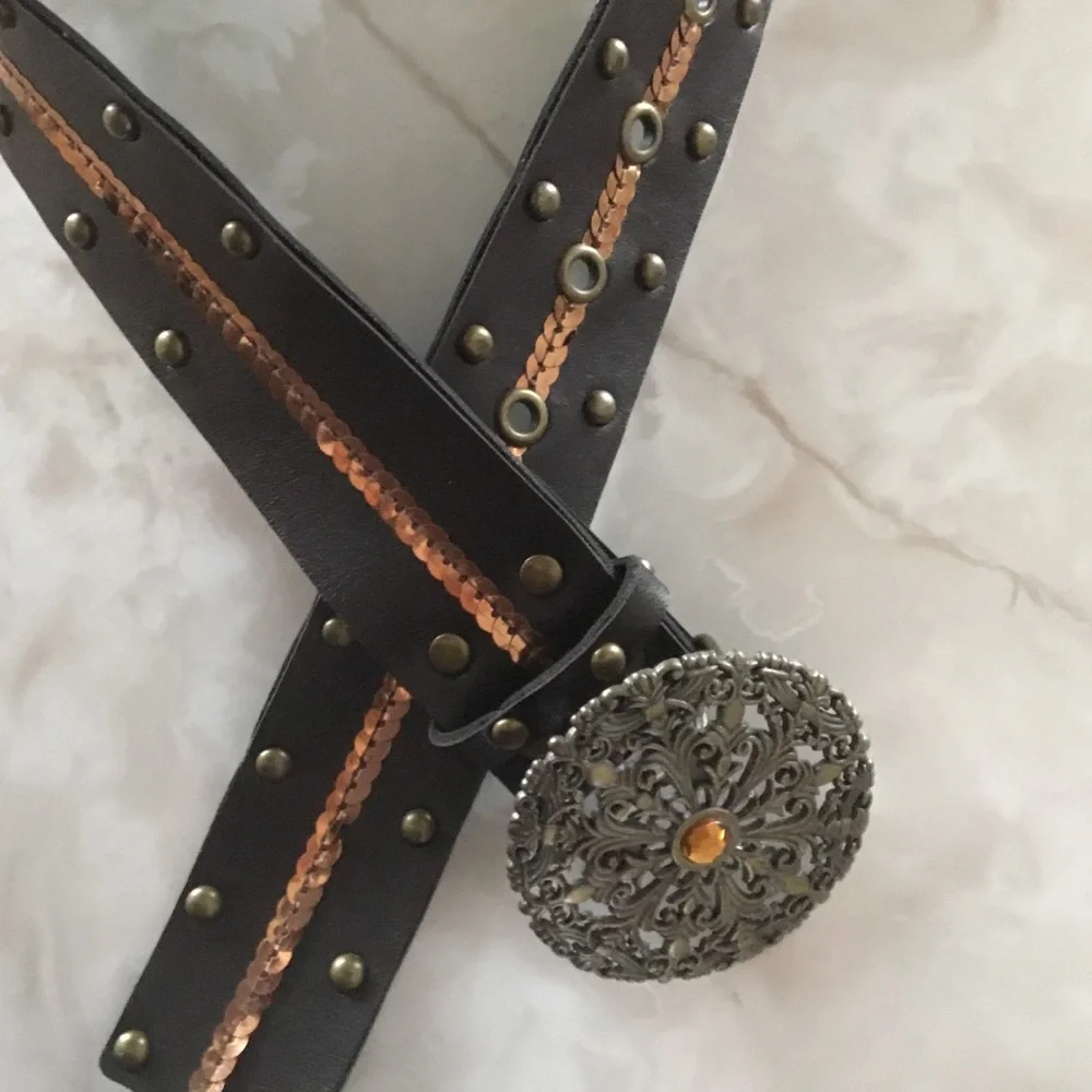 Vintage Cowgirl leather Belt with Sequins‎ and Unique Buckle.
